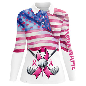 Pink ribbon American Flag Women golf polo shirts custom Breast Cancer awareness golf shirts for ladies NQS8279