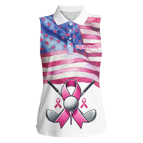 Pink ribbon American Flag Women sleeveless golf top custom Breast Cancer awareness golf shirts NQS8279