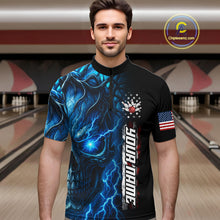 Load image into Gallery viewer, Custom Blue Lightning thunder Skull American Flag Patriotic Mens Bowling Shirts, Gift For Bowlers NQS10463