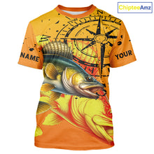 Load image into Gallery viewer, Custom Walleye Compass Long Sleeve Fishing Shirts, Personalized Walleye Fishing Jersey | Orange NQS10468