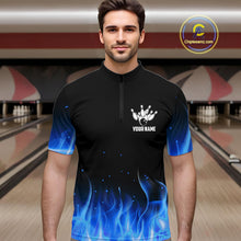 Load image into Gallery viewer, Personalized Mens Bowling Shirt Blue flame Bowling Ball and Pins Team bowling jerseys for men Bowler NQS10471