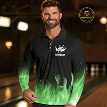 Load image into Gallery viewer, Personalized Mens Bowling Shirt Green flame Bowling Ball and Pins Team bowling jerseys for men Bowler NQS10472