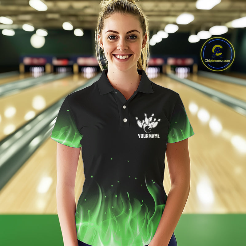 Personalized Women Bowling Shirt Green flame Bowling Ball Pins Team bowling jerseys for ladies Bowler NQS10472