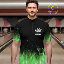 Load image into Gallery viewer, Personalized Mens Bowling Shirt Green flame Bowling Ball and Pins Team bowling jerseys for men Bowler NQS10472