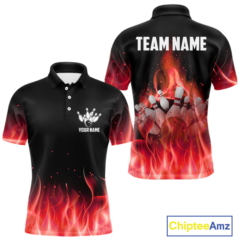 Personalized Mens Bowling Shirt Red flame Bowling Ball and Pins Team bowling jerseys for men Bowler NQS10473