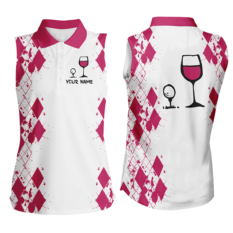 White Pink argyle pattern ladies golf tank Golf & wine custom name Women sleeveless polo shirt NQS3924