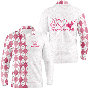 Pink argyle pattern Mens golf polo shirts custom peace love golf team jerseys, golf attire for men NQS8490