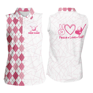 Pink argyle pattern Women Sleeveless polo shirt custom peace love golf team jersey, ladies golf attire NQS8490