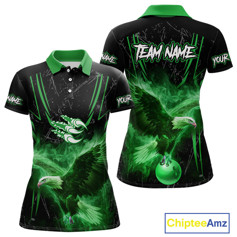 Black and Green Flame Eagle Bowling Shirt For Women Custom Team Name Bowling Jerseys For Bowlers NQS10675