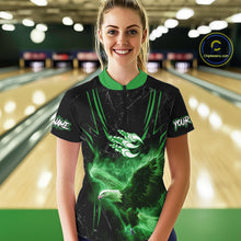 Load image into Gallery viewer, Black and Green Flame Eagle Bowling Shirt For Women Custom Team Name Bowling Jerseys For Bowlers NQS10675