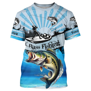 Personalized Largemouth Bass Fishing Jerseys blue Long Sleeve Fishing Shirts, Bass fishing jerseys NQS8956