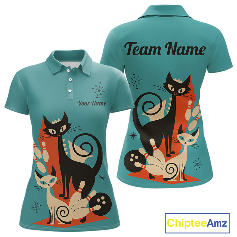 Custom retro bowling shirts Cats Bowling jersey for Women Team Bowling Polo, 1/4 Zip Shirts | Blue NQS11072