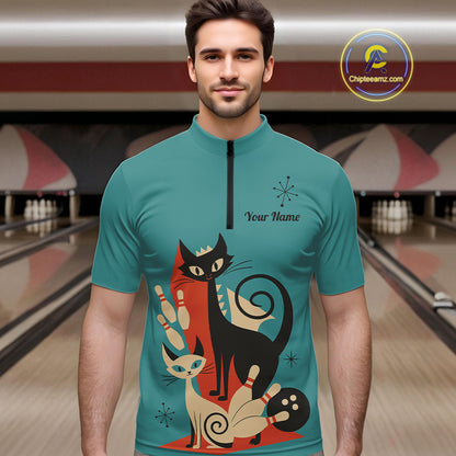 Custom retro bowling shirts Cat Bowling jersey for men Team Bowling Polo, 1/4 Zip Shirts | Blue NQS11072