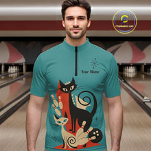 Load image into Gallery viewer, Custom retro bowling shirts Cat Bowling jersey for men Team Bowling Polo, 1/4 Zip Shirts | Blue NQS11072