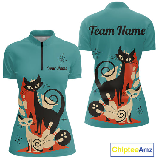 Custom retro bowling shirts Cats Bowling jersey for Women Team Bowling Polo, 1/4 Zip Shirts | Blue NQS11072