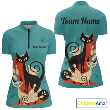 Load image into Gallery viewer, Custom retro bowling shirts Cats Bowling jersey for Women Team Bowling Polo, 1/4 Zip Shirts | Blue NQS11072