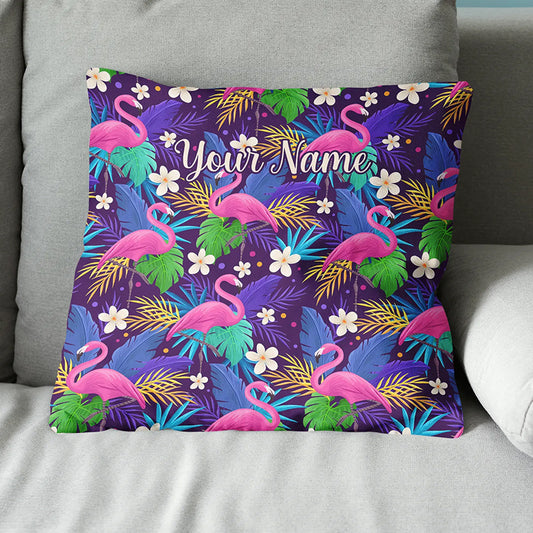 Personalized colorful floral flamingo pattern tropical leaves custom name Canvas, Linen Throw Pillow NQS7022