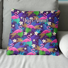 Load image into Gallery viewer, Personalized colorful floral flamingo pattern tropical leaves custom name Canvas, Linen Throw Pillow NQS7022