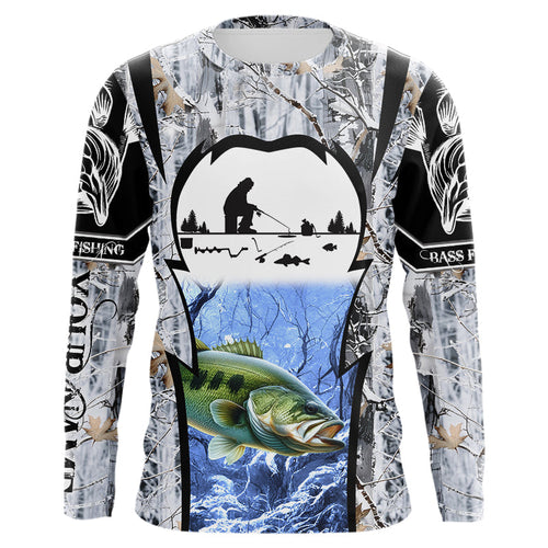 Largemouth Bass ice fishing Winter camo custom Long sleeve fishing shirts, Ice fishing Bass jersey NQS9194