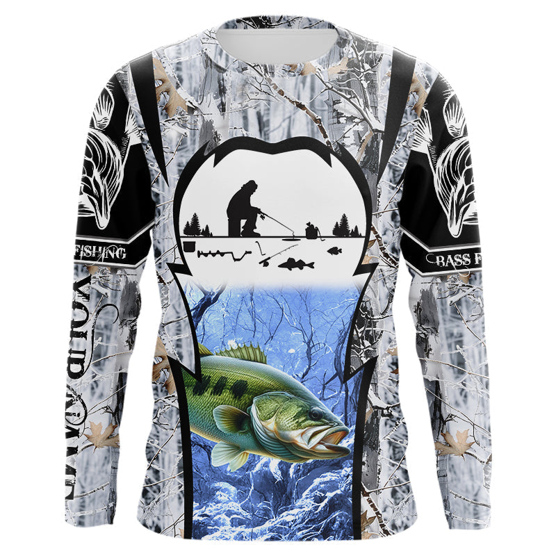 Largemouth Bass ice fishing Winter camo custom Long sleeve fishing shirts, Ice fishing Bass jersey NQS9194