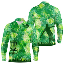 Load image into Gallery viewer, Mens disc golf polo shirts with green tie dye background disc golf basket custom disc golf jerseys NQS9196