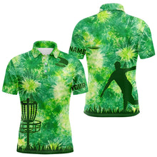 Load image into Gallery viewer, Mens disc golf polo shirts with green tie dye background disc golf basket custom disc golf jerseys NQS9196