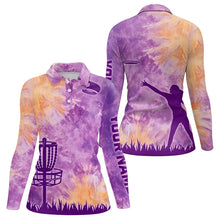 Load image into Gallery viewer, Womens Disc golf polo shirts purple tie dye disc golf basket custom disc golf jerseys NQS9197