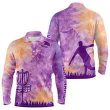 Load image into Gallery viewer, Mens disc golf polo shirts with purple tie dye background disc golf basket custom disc golf jerseys NQS9197