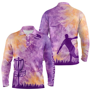 Mens disc golf polo shirts with purple tie dye background disc golf basket custom disc golf jerseys NQS9197