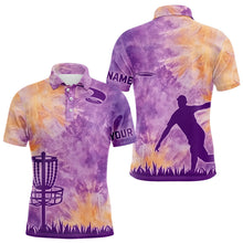 Load image into Gallery viewer, Mens disc golf polo shirts with purple tie dye background disc golf basket custom disc golf jerseys NQS9197