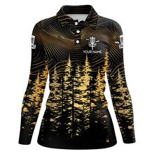 Load image into Gallery viewer, Black and Gold Forest Women Disc golf polo shirt custom disc golf apparel, best gifts for disc golfers NQS9199