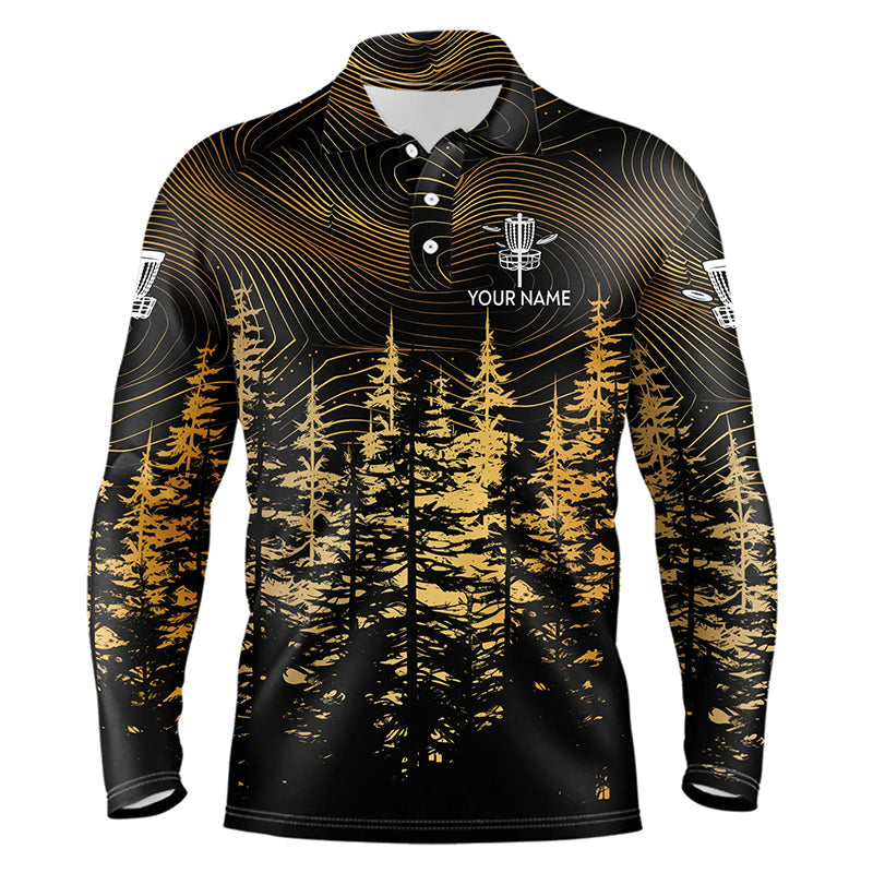 Black and Gold Forest Mens disc golf polo shirts custom disc golf apparel, best gifts for disc golfers NQS9199