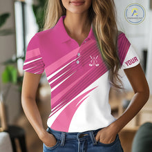 Load image into Gallery viewer, Pink and white Womens golf polo shirts custom golf tops for ladies, personalized golf gifts NQS11273