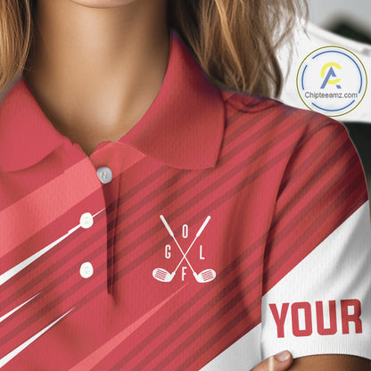 Red and white Womens golf polo shirts custom golf tops for ladies, personalized golf gifts NQS11274