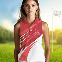 Load image into Gallery viewer, Red and white Sleeveless Golf Polo Shirt custom golf tops for ladies, personalized golf gifts NQS11274