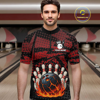 Black and Red pattern Flame Bowling Polo, 1/4 zip shirts For Men Custom Team Bowling Jerseys NQS11277