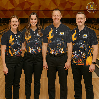 Black and Orange Flame Gorilla Bowling shirts For Women Custom Gorilla Team Bowling Jerseys NQS11279