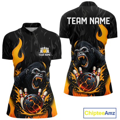 Black and Orange Flame Gorilla Bowling shirts For Women Custom Gorilla Team Bowling Jerseys NQS11279