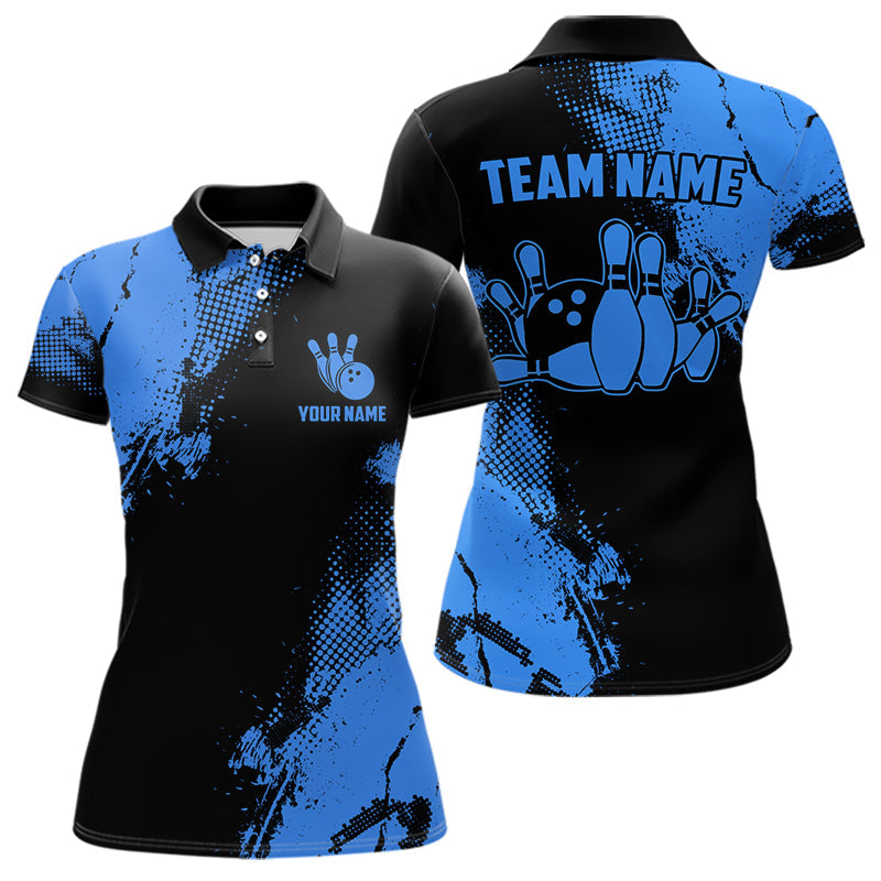 Black and Blue Retro Women Bowling Polo, Quarter Zip shirts Custom team bowling jerseys ladies outfit NQS9393