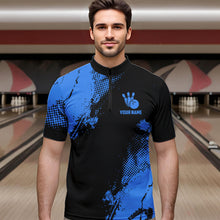Load image into Gallery viewer, Black and Blue Retro Mens Bowling Polo, Quarter Zip shirts Custom team bowling jerseys mens outfit NQS9393