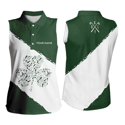 Green and White shamrock Women sleeveless polo shirt Custom name St Patrick Day golf apparel for women NQS9397