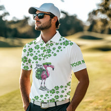 Load image into Gallery viewer, Funny Flamingo Green clover pattern White golf polo shirt for Men Custom St Patrick Day golf apparel NQS9399