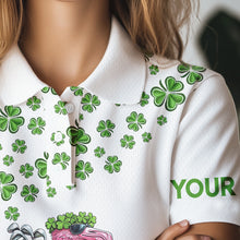 Load image into Gallery viewer, Funny Flamingo Green clover pattern White golf polo shirt for Women Custom St Patrick Day golf apparel NQS9399