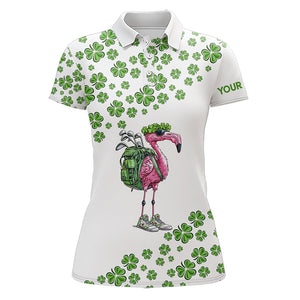 Funny Flamingo Green clover pattern White golf polo shirt for Women Custom St Patrick Day golf apparel NQS9399