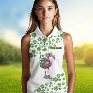 Funny Flamingo Green clover pattern White sleeveless golf polos Custom St Patrick Day golf apparel NQS9399