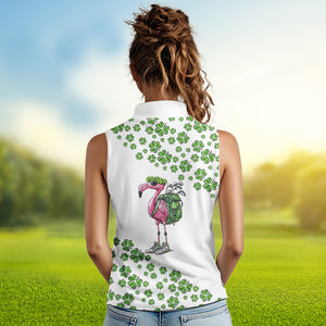 Funny Flamingo Green clover pattern White sleeveless golf polos Custom St Patrick Day golf apparel NQS9399