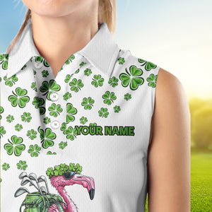 Funny Flamingo Green clover pattern White sleeveless golf polos Custom St Patrick Day golf apparel NQS9399