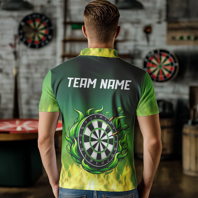 Yellow Green Flame Darts Shirts For Men Custom Fire Team Darts Jerseys NQS9558