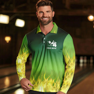 Personalized Yellow Green Flame Bowling Polo, Quarter Zip Shirts For Men Custom Team Bowling Jersey NQS9559