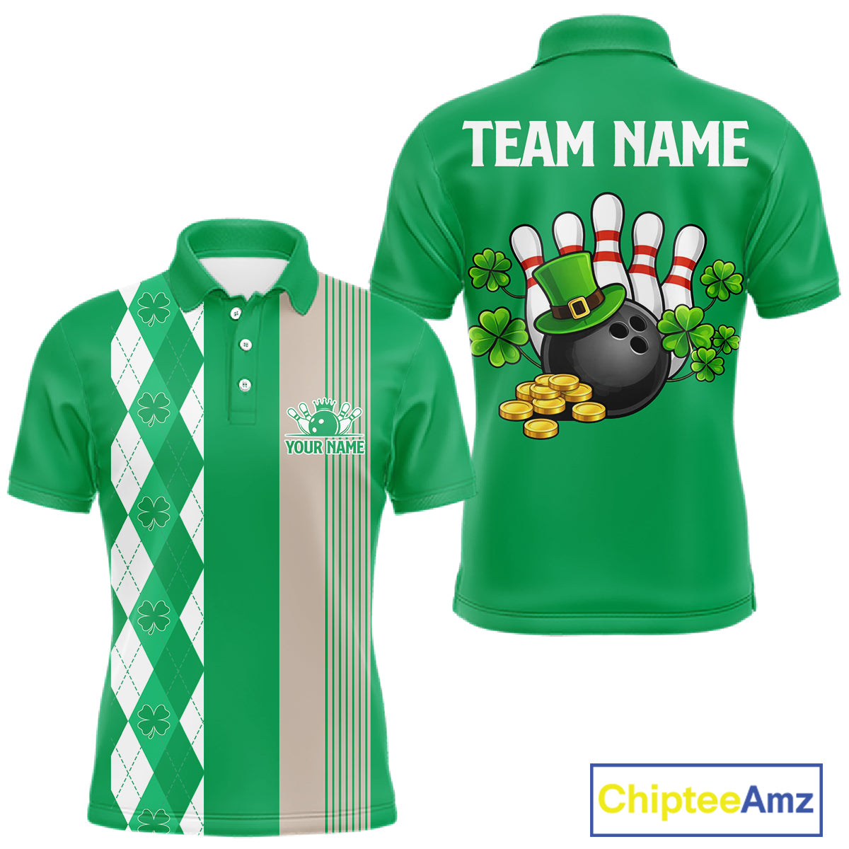 Retro Green argyle pattern shamrock Bowling shirts For Men custom St Patrick Day bowling team jersey NQS11667